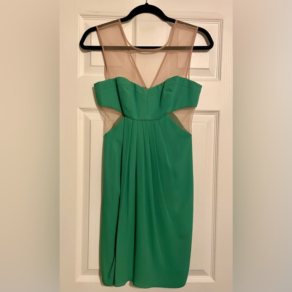 BCBGMaxAzria Emerald Green Strapless Mesh-Panel Cocktail Dress